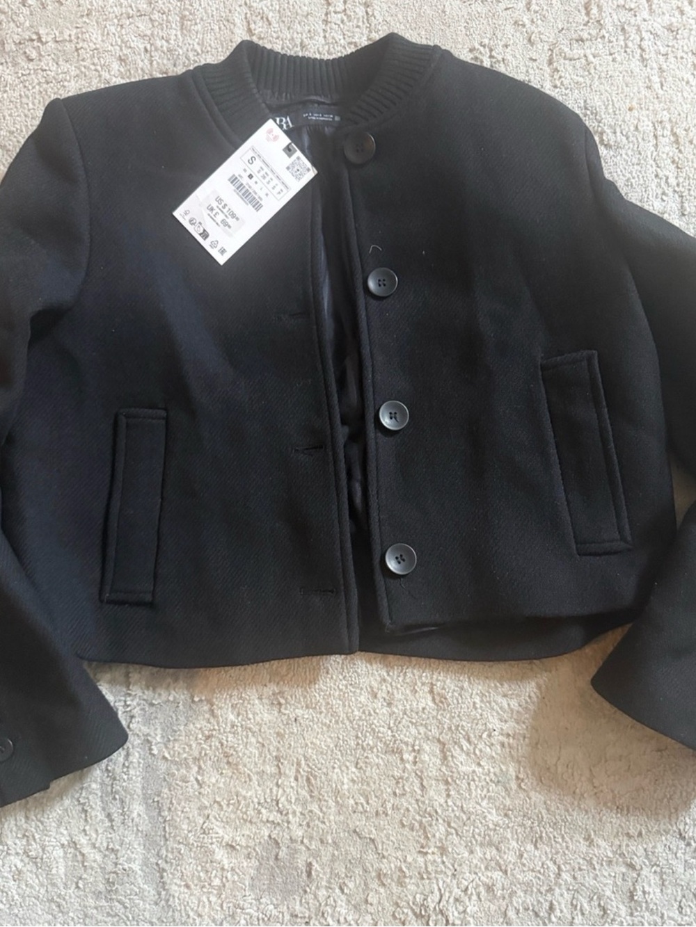Black Cropped Wool Button-Up Jacket